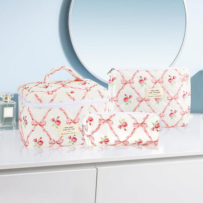 Cotton Quilted Makeup Bag for Women Girls Large Small Travel Black Floral Cosmetic Bags Set Cute Coquette Makeup Pouch for Purse Aesthetic Cloth Flower Storage Toiletry Bag Organizer