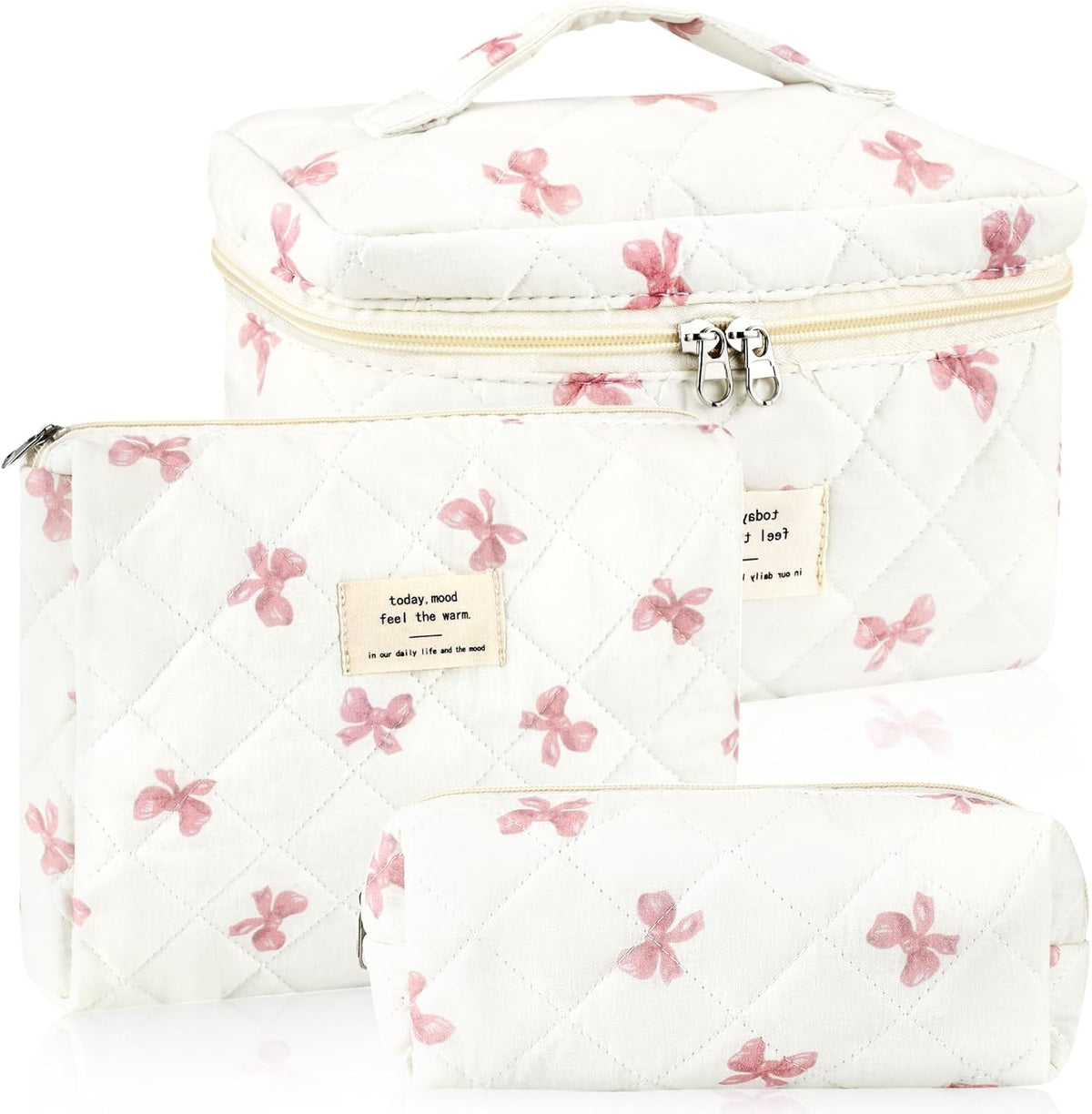 Cotton Quilted Makeup Bag for Women Girls Large Small Travel Black Floral Cosmetic Bags Set Cute Coquette Makeup Pouch for Purse Aesthetic Cloth Flower Storage Toiletry Bag Organizer