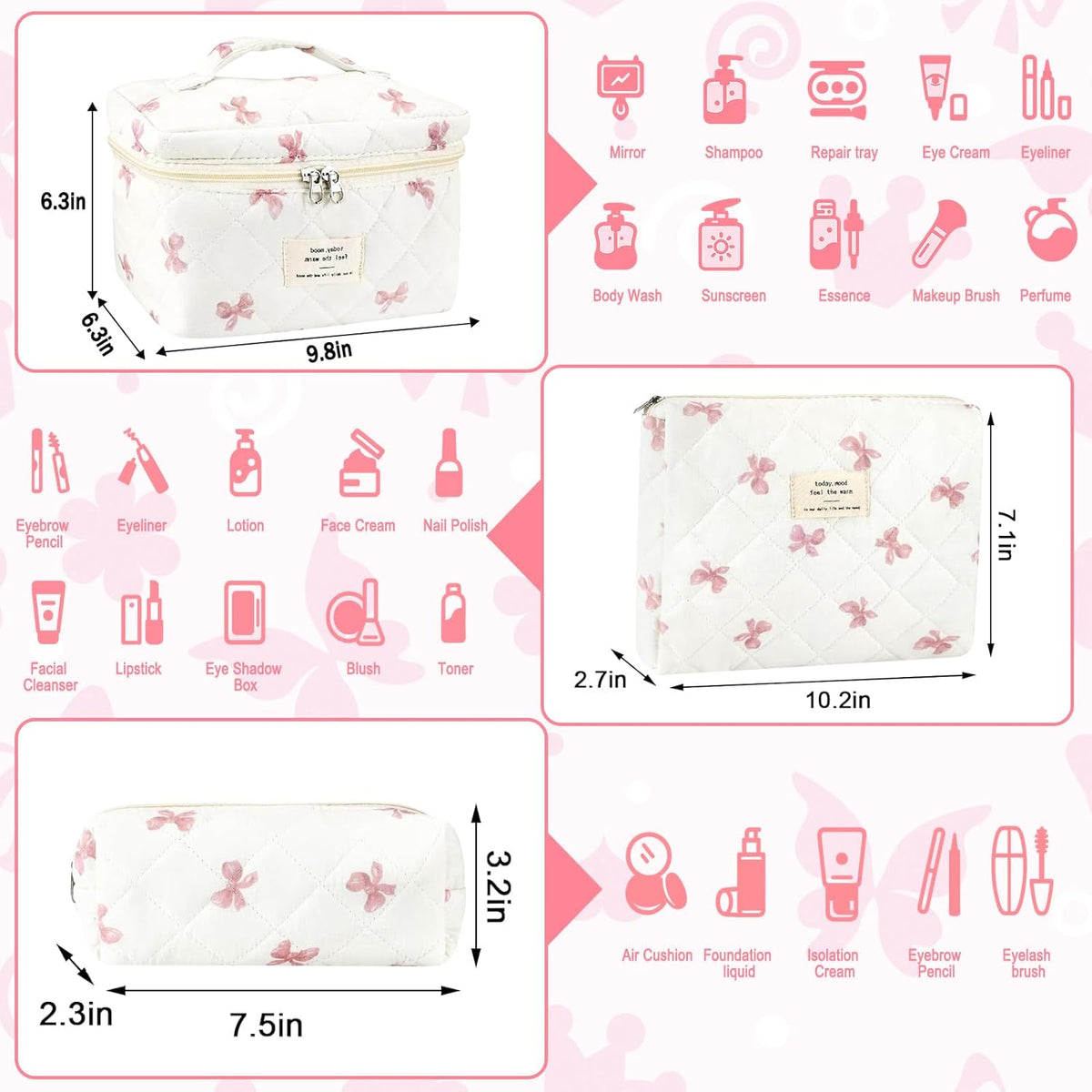 Cotton Quilted Makeup Bag for Women Girls Large Small Travel Black Floral Cosmetic Bags Set Cute Coquette Makeup Pouch for Purse Aesthetic Cloth Flower Storage Toiletry Bag Organizer