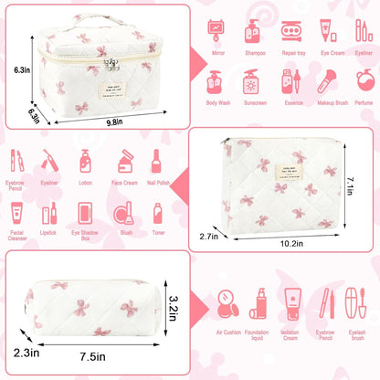 Cotton Quilted Makeup Bag for Women Girls Large Small Travel Black Floral Cosmetic Bags Set Cute Coquette Makeup Pouch for Purse Aesthetic Cloth Flower Storage Toiletry Bag Organizer