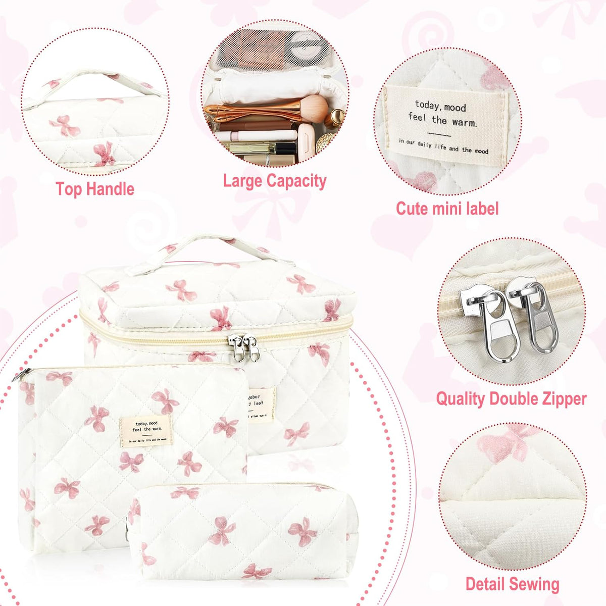 Cotton Quilted Makeup Bag for Women Girls Large Small Travel Black Floral Cosmetic Bags Set Cute Coquette Makeup Pouch for Purse Aesthetic Cloth Flower Storage Toiletry Bag Organizer