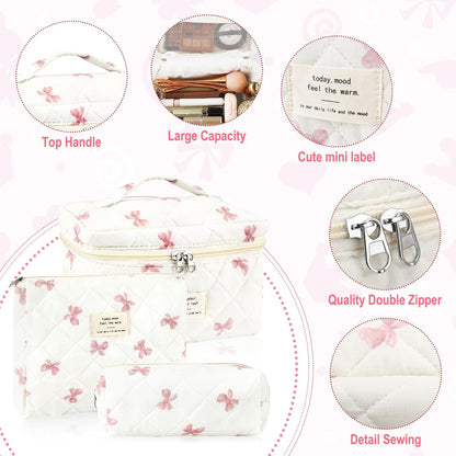 Cotton Quilted Makeup Bag for Women Girls Large Small Travel Black Floral Cosmetic Bags Set Cute Coquette Makeup Pouch for Purse Aesthetic Cloth Flower Storage Toiletry Bag Organizer