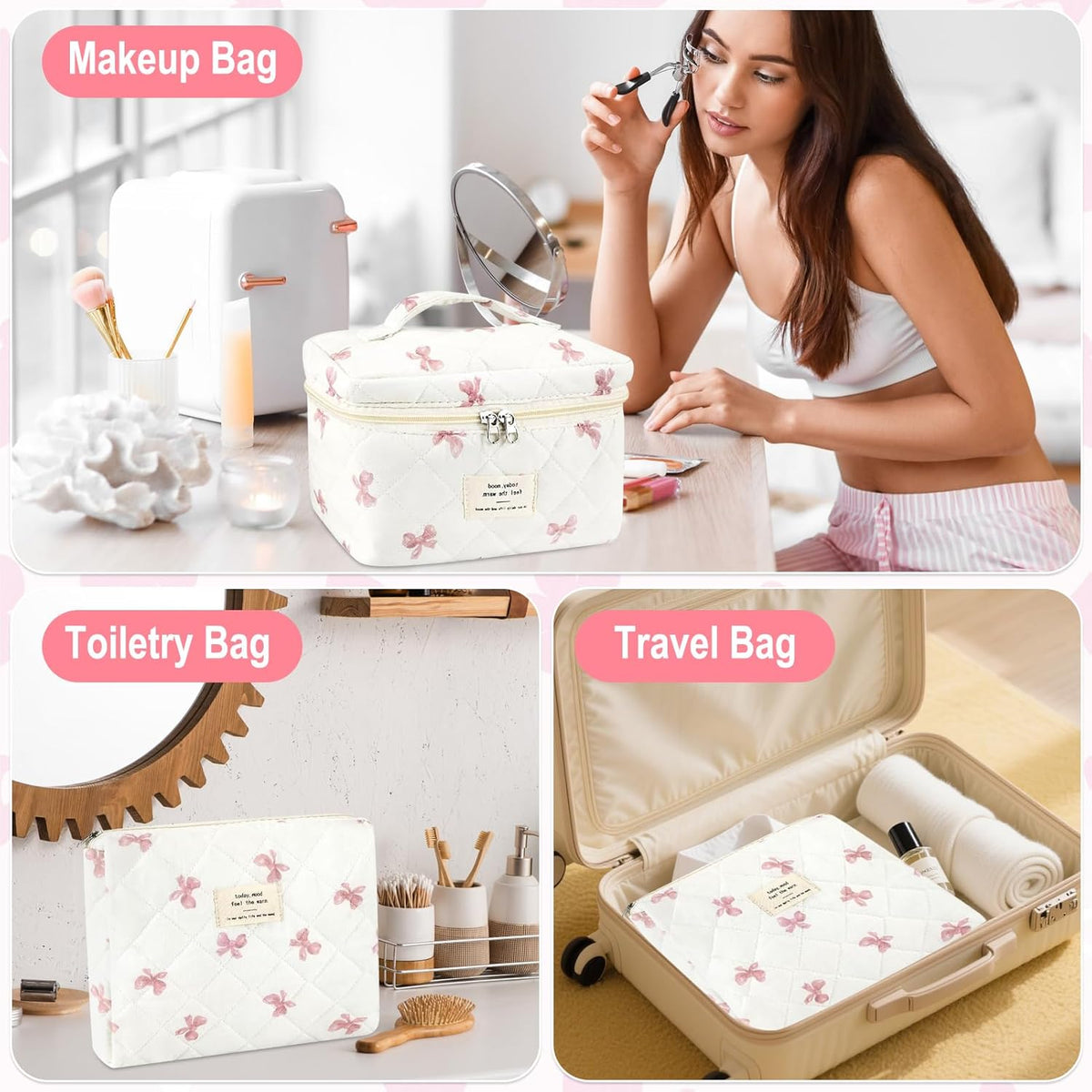 Cotton Quilted Makeup Bag for Women Girls Large Small Travel Black Floral Cosmetic Bags Set Cute Coquette Makeup Pouch for Purse Aesthetic Cloth Flower Storage Toiletry Bag Organizer