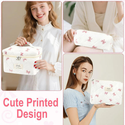 Cotton Quilted Makeup Bag for Women Girls Large Small Travel Black Floral Cosmetic Bags Set Cute Coquette Makeup Pouch for Purse Aesthetic Cloth Flower Storage Toiletry Bag Organizer
