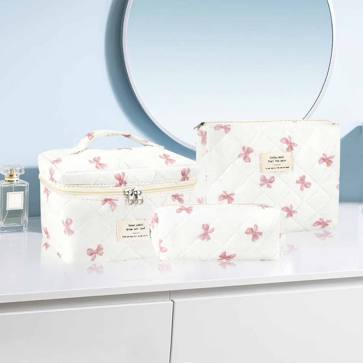 Cotton Quilted Makeup Bag for Women Girls Large Small Travel Black Floral Cosmetic Bags Set Cute Coquette Makeup Pouch for Purse Aesthetic Cloth Flower Storage Toiletry Bag Organizer