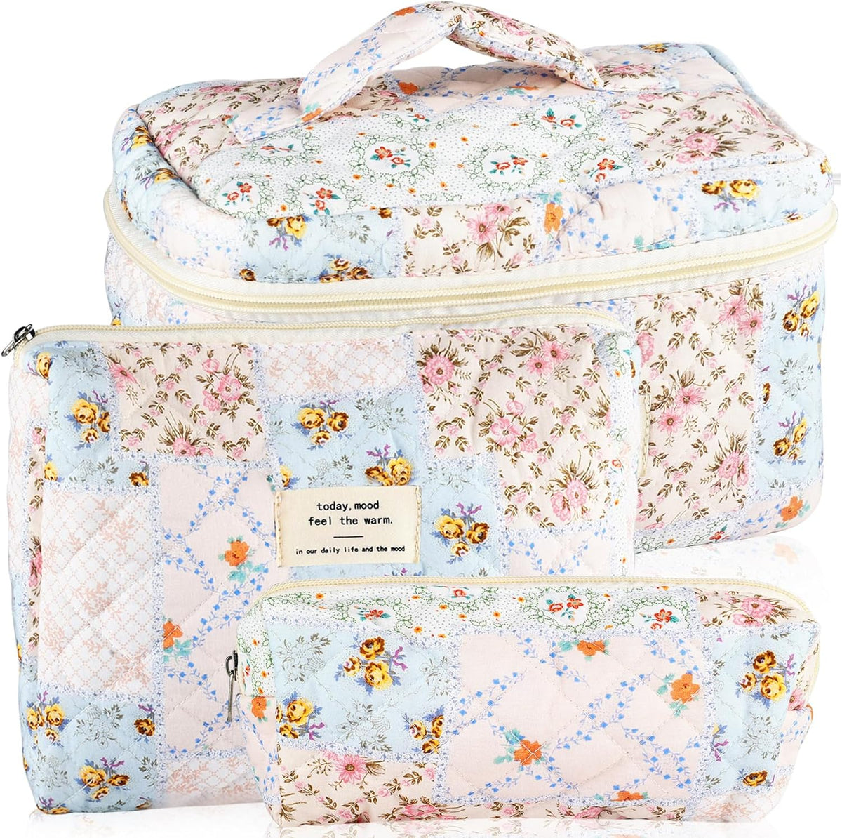Cotton Quilted Makeup Bag for Women Girls Large Small Travel Black Floral Cosmetic Bags Set Cute Coquette Makeup Pouch for Purse Aesthetic Cloth Flower Storage Toiletry Bag Organizer