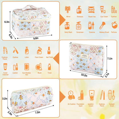 Cotton Quilted Makeup Bag for Women Girls Large Small Travel Black Floral Cosmetic Bags Set Cute Coquette Makeup Pouch for Purse Aesthetic Cloth Flower Storage Toiletry Bag Organizer