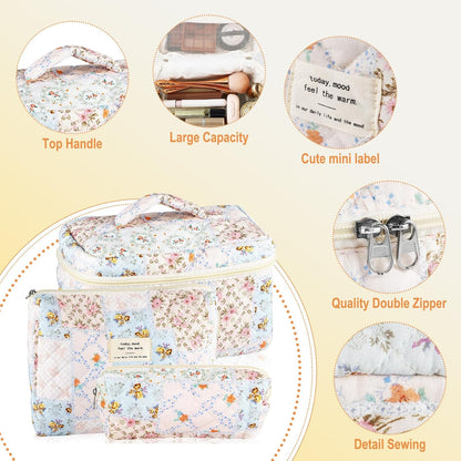 Cotton Quilted Makeup Bag for Women Girls Large Small Travel Black Floral Cosmetic Bags Set Cute Coquette Makeup Pouch for Purse Aesthetic Cloth Flower Storage Toiletry Bag Organizer