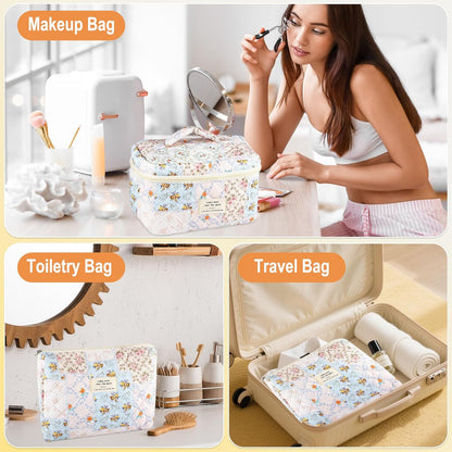 Cotton Quilted Makeup Bag for Women Girls Large Small Travel Black Floral Cosmetic Bags Set Cute Coquette Makeup Pouch for Purse Aesthetic Cloth Flower Storage Toiletry Bag Organizer