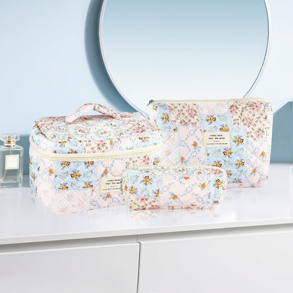 Cotton Quilted Makeup Bag for Women Girls Large Small Travel Black Floral Cosmetic Bags Set Cute Coquette Makeup Pouch for Purse Aesthetic Cloth Flower Storage Toiletry Bag Organizer