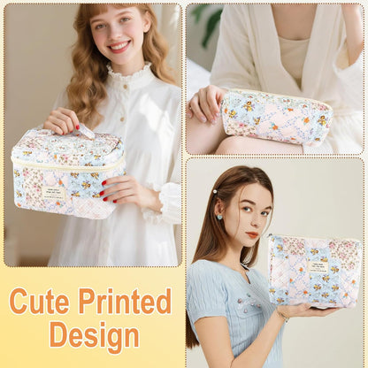 Cotton Quilted Makeup Bag for Women Girls Large Small Travel Black Floral Cosmetic Bags Set Cute Coquette Makeup Pouch for Purse Aesthetic Cloth Flower Storage Toiletry Bag Organizer