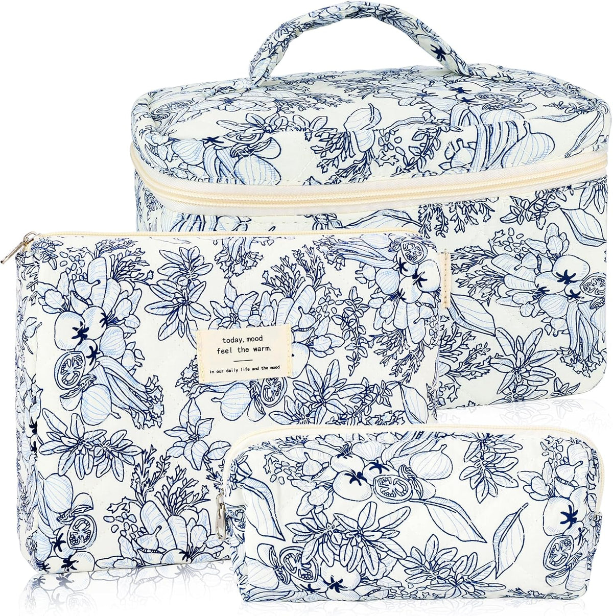 Cotton Quilted Makeup Bag for Women Girls Large Small Travel Black Floral Cosmetic Bags Set Cute Coquette Makeup Pouch for Purse Aesthetic Cloth Flower Storage Toiletry Bag Organizer