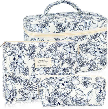 Cotton Quilted Makeup Bag for Women Girls Large Small Travel Black Floral Cosmetic Bags Set Cute Coquette Makeup Pouch for Purse Aesthetic Cloth Flower Storage Toiletry Bag Organizer