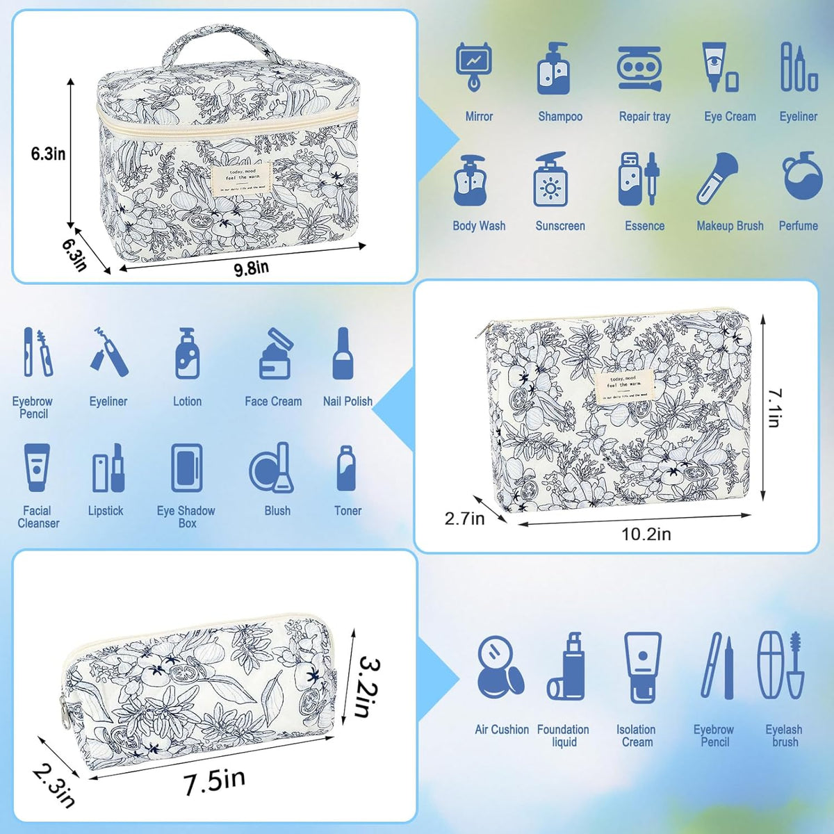 Cotton Quilted Makeup Bag for Women Girls Large Small Travel Black Floral Cosmetic Bags Set Cute Coquette Makeup Pouch for Purse Aesthetic Cloth Flower Storage Toiletry Bag Organizer
