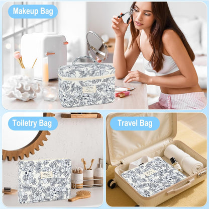 Cotton Quilted Makeup Bag for Women Girls Large Small Travel Black Floral Cosmetic Bags Set Cute Coquette Makeup Pouch for Purse Aesthetic Cloth Flower Storage Toiletry Bag Organizer
