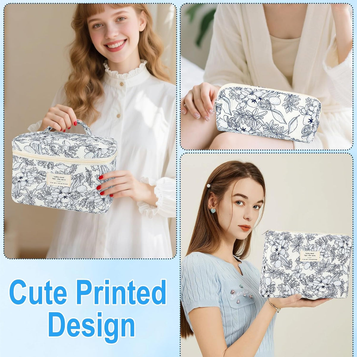Cotton Quilted Makeup Bag for Women Girls Large Small Travel Black Floral Cosmetic Bags Set Cute Coquette Makeup Pouch for Purse Aesthetic Cloth Flower Storage Toiletry Bag Organizer