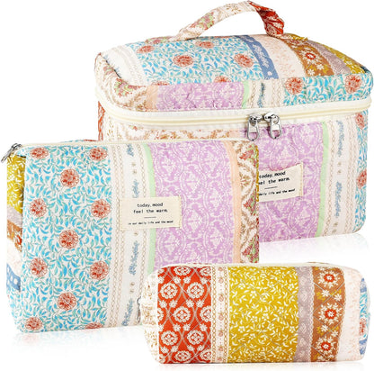 Cotton Quilted Makeup Bag for Women Girls Large Small Travel Black Floral Cosmetic Bags Set Cute Coquette Makeup Pouch for Purse Aesthetic Cloth Flower Storage Toiletry Bag Organizer