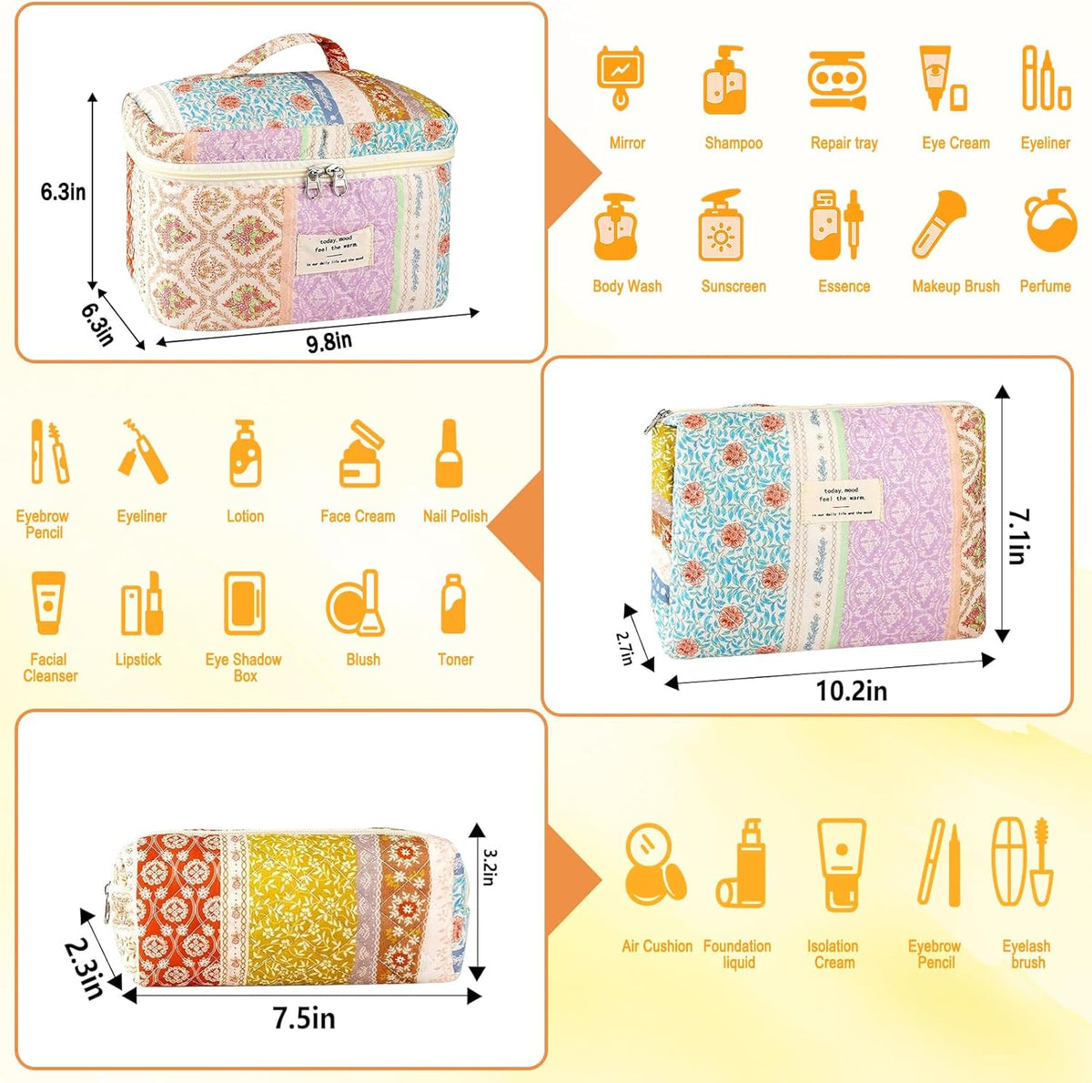 Cotton Quilted Makeup Bag for Women Girls Large Small Travel Black Floral Cosmetic Bags Set Cute Coquette Makeup Pouch for Purse Aesthetic Cloth Flower Storage Toiletry Bag Organizer