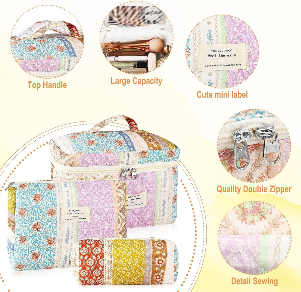 Cotton Quilted Makeup Bag for Women Girls Large Small Travel Black Floral Cosmetic Bags Set Cute Coquette Makeup Pouch for Purse Aesthetic Cloth Flower Storage Toiletry Bag Organizer