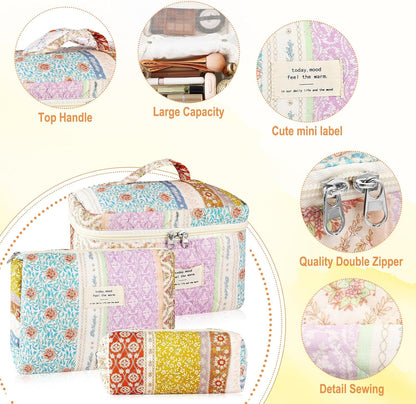 Cotton Quilted Makeup Bag for Women Girls Large Small Travel Black Floral Cosmetic Bags Set Cute Coquette Makeup Pouch for Purse Aesthetic Cloth Flower Storage Toiletry Bag Organizer