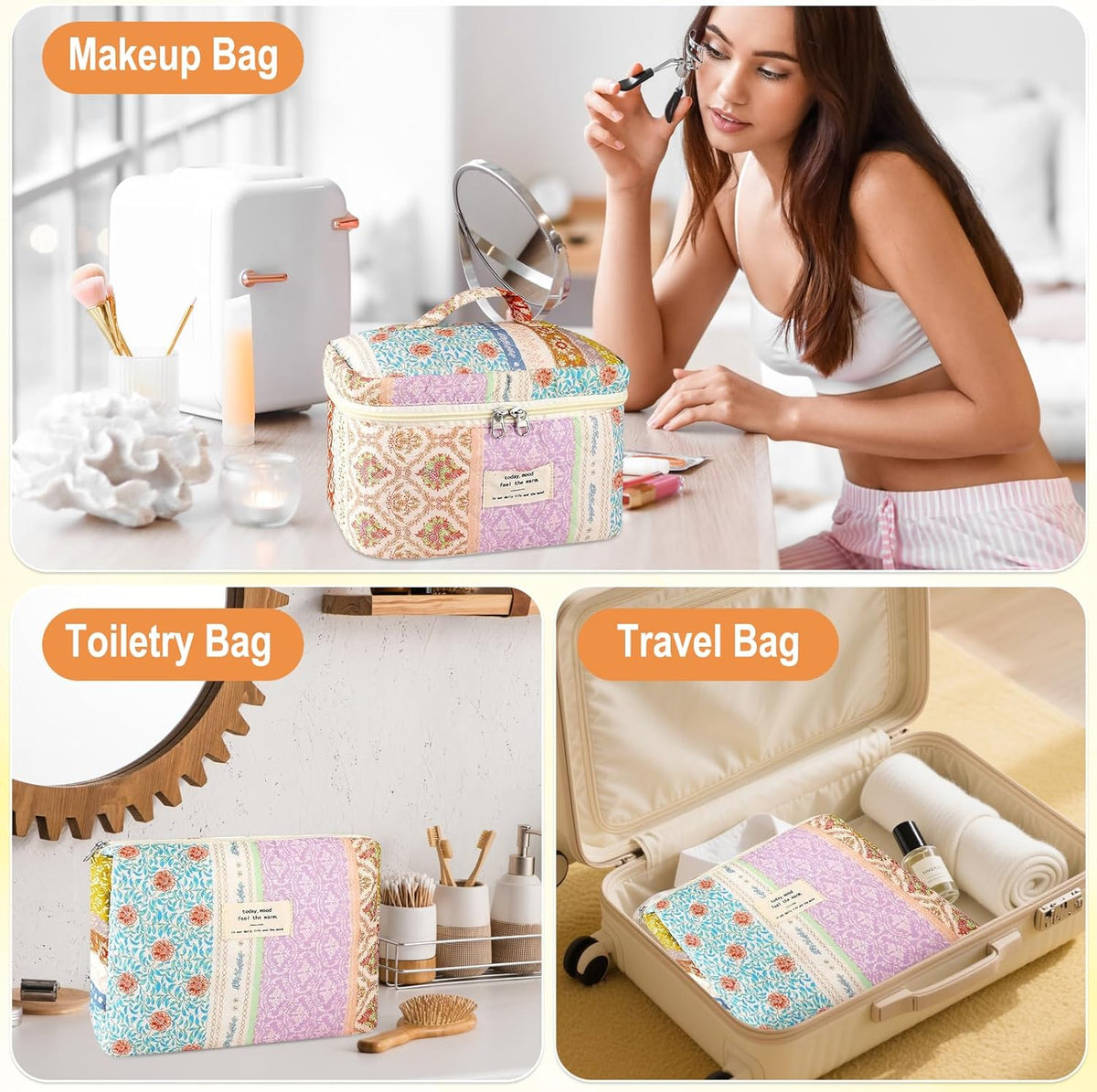 Cotton Quilted Makeup Bag for Women Girls Large Small Travel Black Floral Cosmetic Bags Set Cute Coquette Makeup Pouch for Purse Aesthetic Cloth Flower Storage Toiletry Bag Organizer