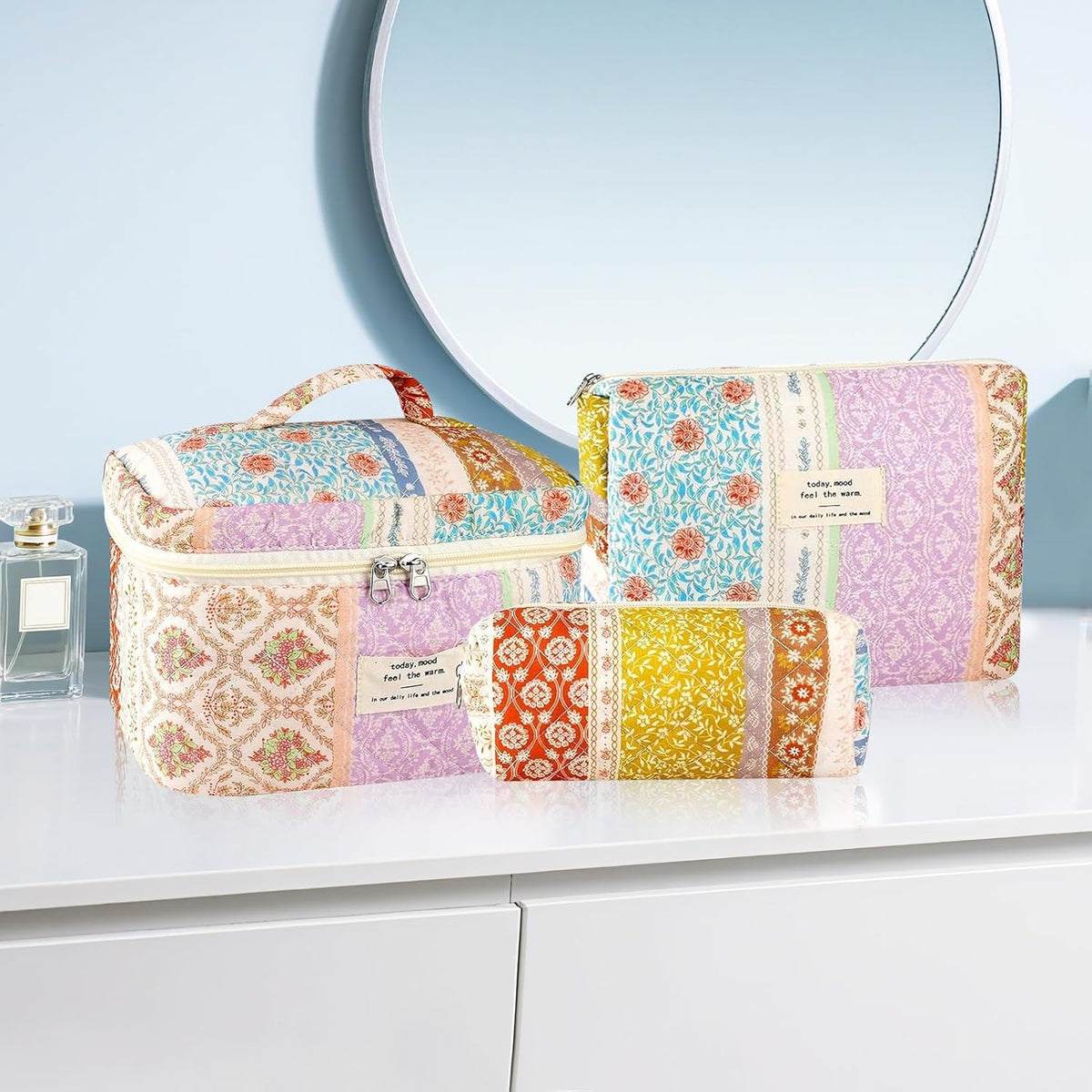 Cotton Quilted Makeup Bag for Women Girls Large Small Travel Black Floral Cosmetic Bags Set Cute Coquette Makeup Pouch for Purse Aesthetic Cloth Flower Storage Toiletry Bag Organizer
