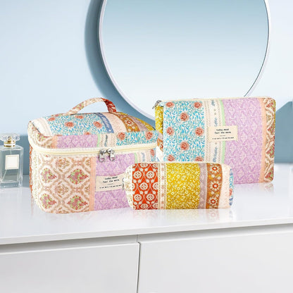 Cotton Quilted Makeup Bag for Women Girls Large Small Travel Black Floral Cosmetic Bags Set Cute Coquette Makeup Pouch for Purse Aesthetic Cloth Flower Storage Toiletry Bag Organizer
