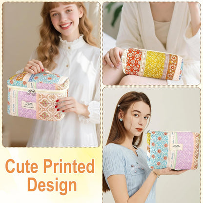 Cotton Quilted Makeup Bag for Women Girls Large Small Travel Black Floral Cosmetic Bags Set Cute Coquette Makeup Pouch for Purse Aesthetic Cloth Flower Storage Toiletry Bag Organizer