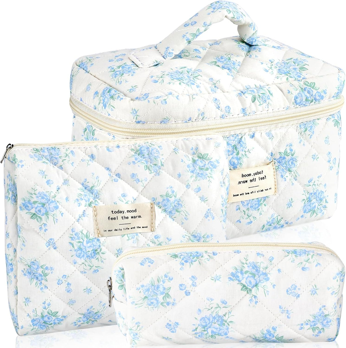 Cotton Quilted Makeup Bag for Women Girls Large Small Travel Black Floral Cosmetic Bags Set Cute Coquette Makeup Pouch for Purse Aesthetic Cloth Flower Storage Toiletry Bag Organizer