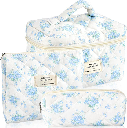 Cotton Quilted Makeup Bag for Women Girls Large Small Travel Black Floral Cosmetic Bags Set Cute Coquette Makeup Pouch for Purse Aesthetic Cloth Flower Storage Toiletry Bag Organizer