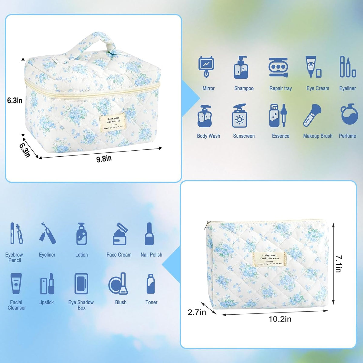 Cotton Quilted Makeup Bag for Women Girls Large Small Travel Black Floral Cosmetic Bags Set Cute Coquette Makeup Pouch for Purse Aesthetic Cloth Flower Storage Toiletry Bag Organizer