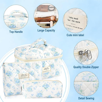 Cotton Quilted Makeup Bag for Women Girls Large Small Travel Black Floral Cosmetic Bags Set Cute Coquette Makeup Pouch for Purse Aesthetic Cloth Flower Storage Toiletry Bag Organizer