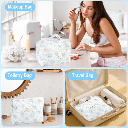Cotton Quilted Makeup Bag for Women Girls Large Small Travel Black Floral Cosmetic Bags Set Cute Coquette Makeup Pouch for Purse Aesthetic Cloth Flower Storage Toiletry Bag Organizer