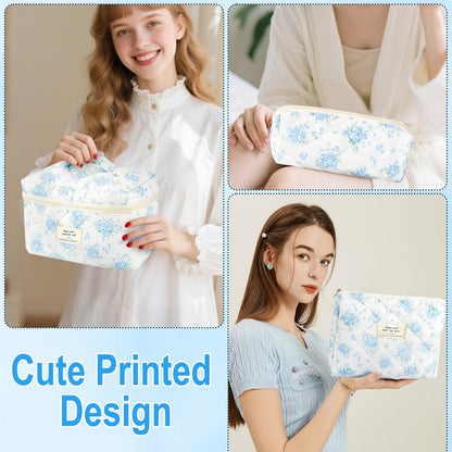 Cotton Quilted Makeup Bag for Women Girls Large Small Travel Black Floral Cosmetic Bags Set Cute Coquette Makeup Pouch for Purse Aesthetic Cloth Flower Storage Toiletry Bag Organizer