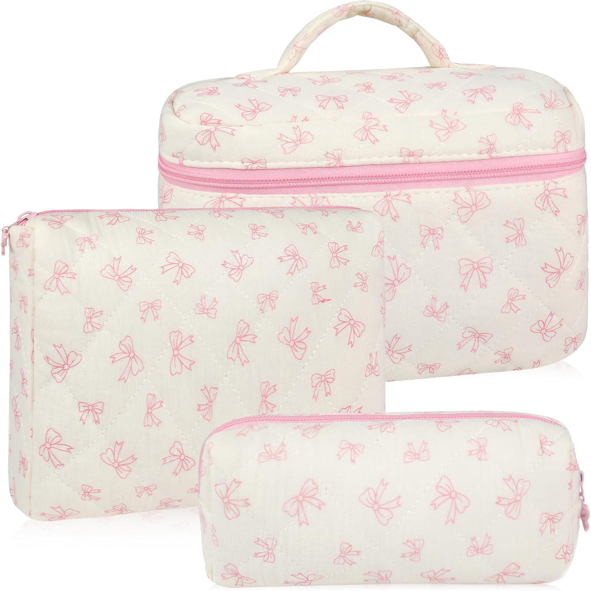 Cotton Quilted Makeup Bag for Women Girls Large Small Travel Black Floral Cosmetic Bags Set Cute Coquette Makeup Pouch for Purse Aesthetic Cloth Flower Storage Toiletry Bag Organizer