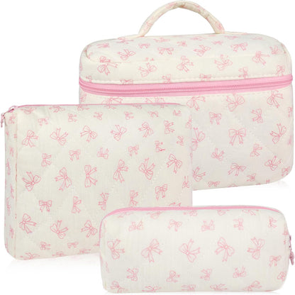 Cotton Quilted Makeup Bag for Women Girls Large Small Travel Black Floral Cosmetic Bags Set Cute Coquette Makeup Pouch for Purse Aesthetic Cloth Flower Storage Toiletry Bag Organizer