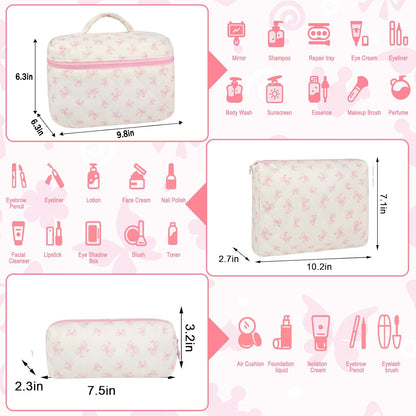 Cotton Quilted Makeup Bag for Women Girls Large Small Travel Black Floral Cosmetic Bags Set Cute Coquette Makeup Pouch for Purse Aesthetic Cloth Flower Storage Toiletry Bag Organizer