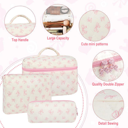 Cotton Quilted Makeup Bag for Women Girls Large Small Travel Black Floral Cosmetic Bags Set Cute Coquette Makeup Pouch for Purse Aesthetic Cloth Flower Storage Toiletry Bag Organizer