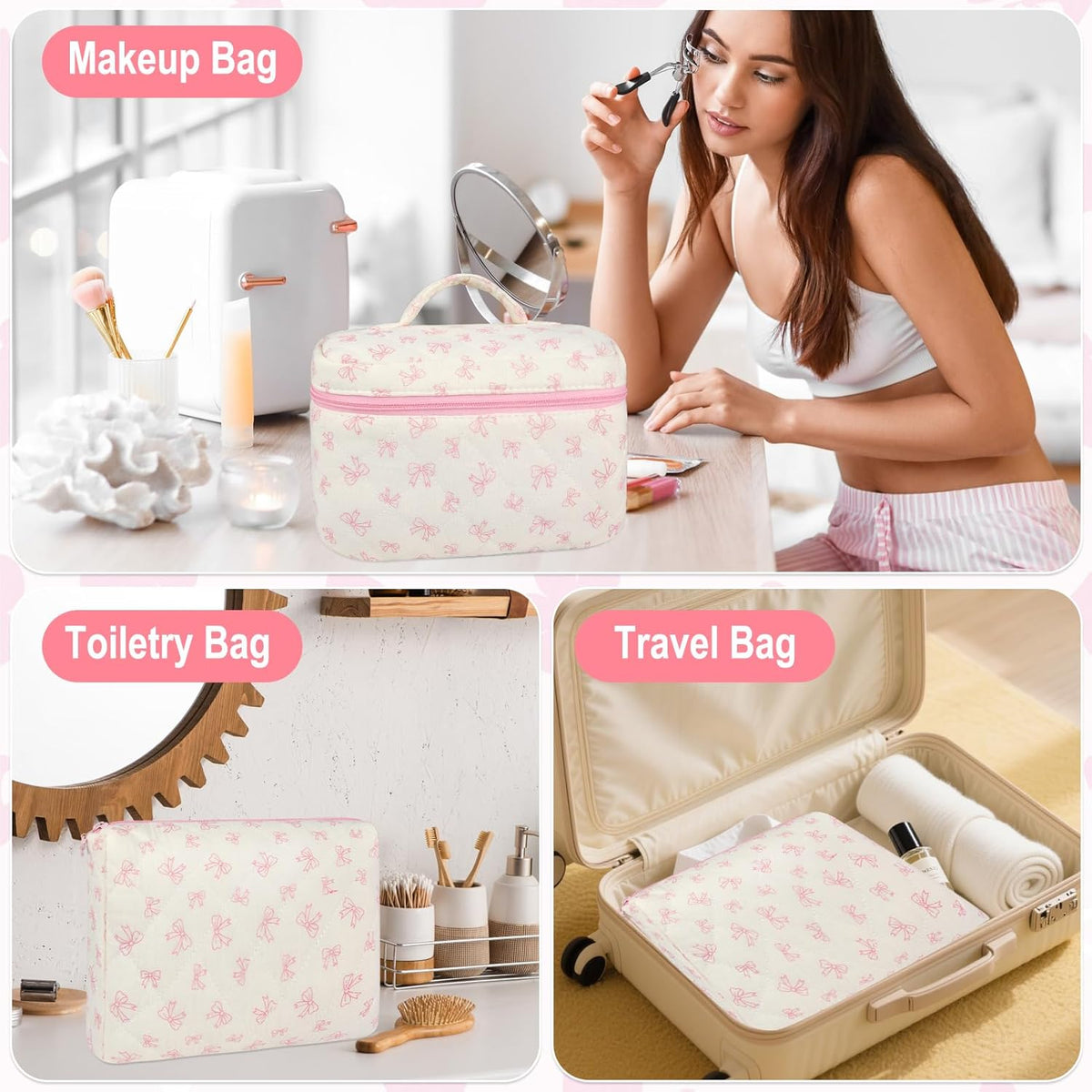 Cotton Quilted Makeup Bag for Women Girls Large Small Travel Black Floral Cosmetic Bags Set Cute Coquette Makeup Pouch for Purse Aesthetic Cloth Flower Storage Toiletry Bag Organizer