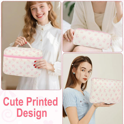 Cotton Quilted Makeup Bag for Women Girls Large Small Travel Black Floral Cosmetic Bags Set Cute Coquette Makeup Pouch for Purse Aesthetic Cloth Flower Storage Toiletry Bag Organizer