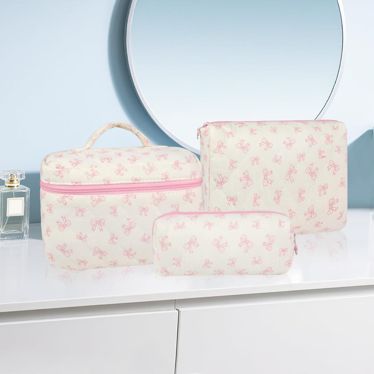 Cotton Quilted Makeup Bag for Women Girls Large Small Travel Black Floral Cosmetic Bags Set Cute Coquette Makeup Pouch for Purse Aesthetic Cloth Flower Storage Toiletry Bag Organizer