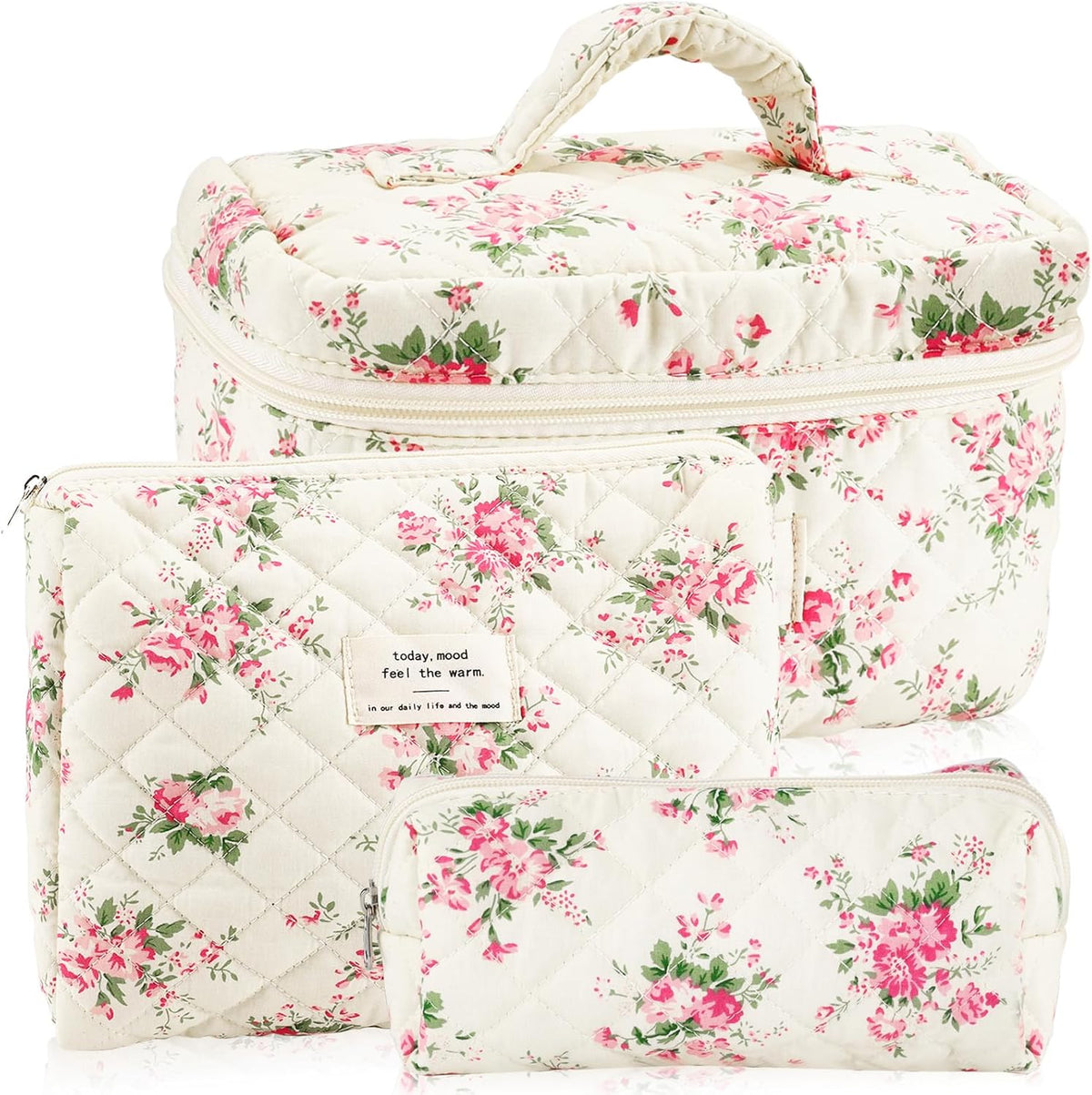 Cotton Quilted Makeup Bag for Women Girls Large Small Travel Black Floral Cosmetic Bags Set Cute Coquette Makeup Pouch for Purse Aesthetic Cloth Flower Storage Toiletry Bag Organizer