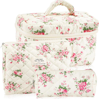 Cotton Quilted Makeup Bag for Women Girls Large Small Travel Black Floral Cosmetic Bags Set Cute Coquette Makeup Pouch for Purse Aesthetic Cloth Flower Storage Toiletry Bag Organizer