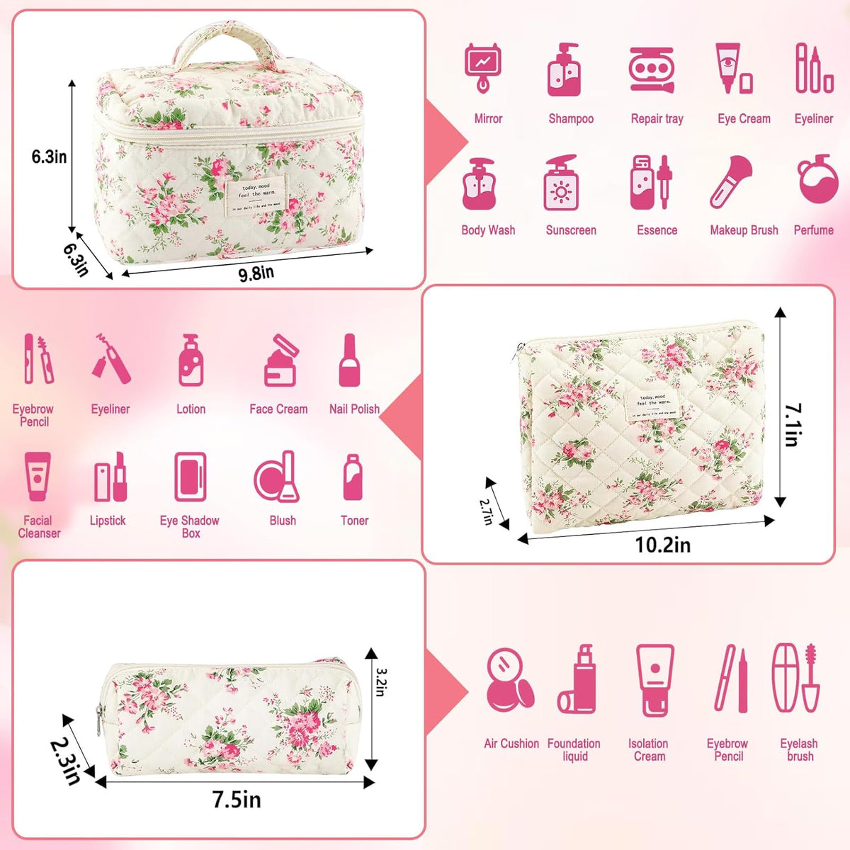 Cotton Quilted Makeup Bag for Women Girls Large Small Travel Black Floral Cosmetic Bags Set Cute Coquette Makeup Pouch for Purse Aesthetic Cloth Flower Storage Toiletry Bag Organizer