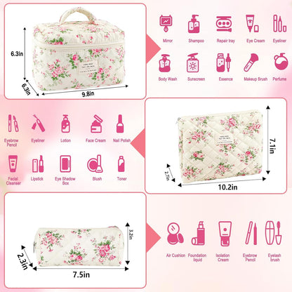 Cotton Quilted Makeup Bag for Women Girls Large Small Travel Black Floral Cosmetic Bags Set Cute Coquette Makeup Pouch for Purse Aesthetic Cloth Flower Storage Toiletry Bag Organizer