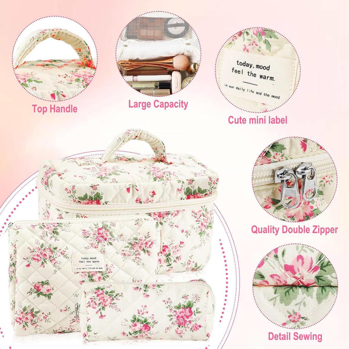 Cotton Quilted Makeup Bag for Women Girls Large Small Travel Black Floral Cosmetic Bags Set Cute Coquette Makeup Pouch for Purse Aesthetic Cloth Flower Storage Toiletry Bag Organizer