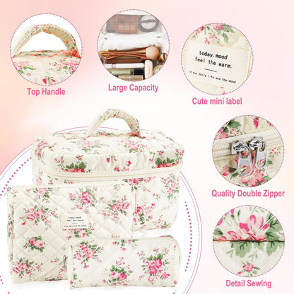 Cotton Quilted Makeup Bag for Women Girls Large Small Travel Black Floral Cosmetic Bags Set Cute Coquette Makeup Pouch for Purse Aesthetic Cloth Flower Storage Toiletry Bag Organizer