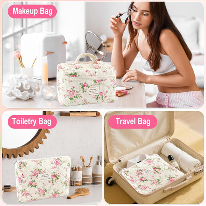 Cotton Quilted Makeup Bag for Women Girls Large Small Travel Black Floral Cosmetic Bags Set Cute Coquette Makeup Pouch for Purse Aesthetic Cloth Flower Storage Toiletry Bag Organizer