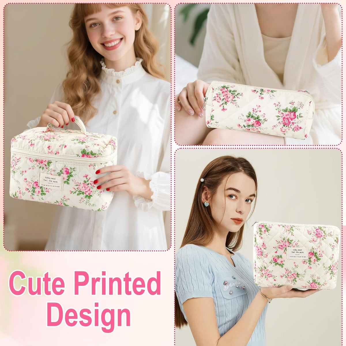 Cotton Quilted Makeup Bag for Women Girls Large Small Travel Black Floral Cosmetic Bags Set Cute Coquette Makeup Pouch for Purse Aesthetic Cloth Flower Storage Toiletry Bag Organizer