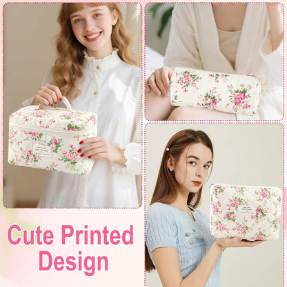 Cotton Quilted Makeup Bag for Women Girls Large Small Travel Black Floral Cosmetic Bags Set Cute Coquette Makeup Pouch for Purse Aesthetic Cloth Flower Storage Toiletry Bag Organizer